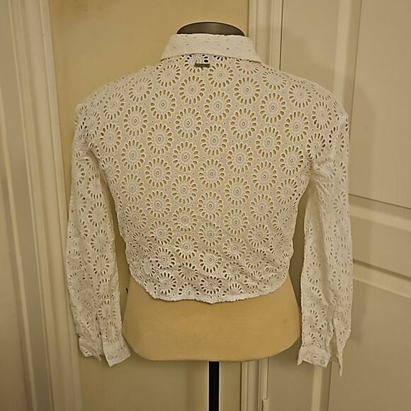 Guess Women's Embroidery Eyelet Button Front Crop Tie Front Shirt Small White - Picture 4 of 16